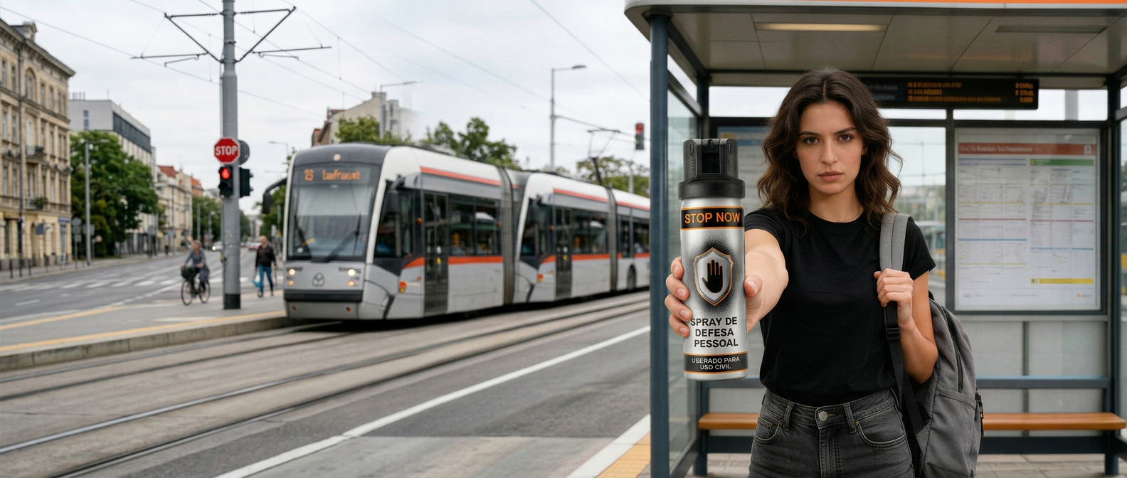 Mulher demonstrando o spray de defesa pessoal Stop Now em ponto de ônibus